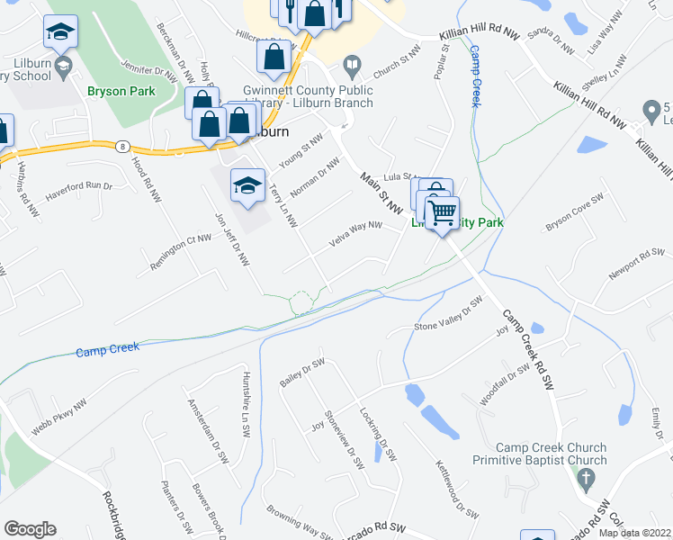 map of restaurants, bars, coffee shops, grocery stores, and more near 4959 Elizabeth Way Northwest in Lilburn