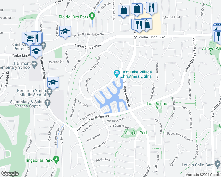 map of restaurants, bars, coffee shops, grocery stores, and more near 5289 Vía Andalusia in Yorba Linda