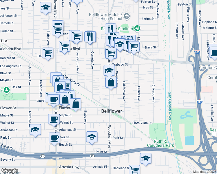 map of restaurants, bars, coffee shops, grocery stores, and more near 16423 Woodruff Avenue in Bellflower