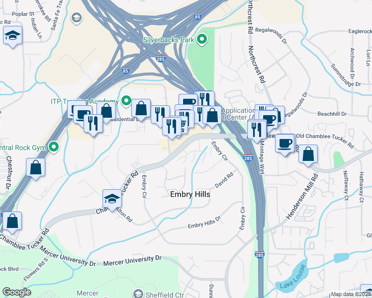 map of restaurants, bars, coffee shops, grocery stores, and more near 3343 Chamblee Tucker Road in Chamblee