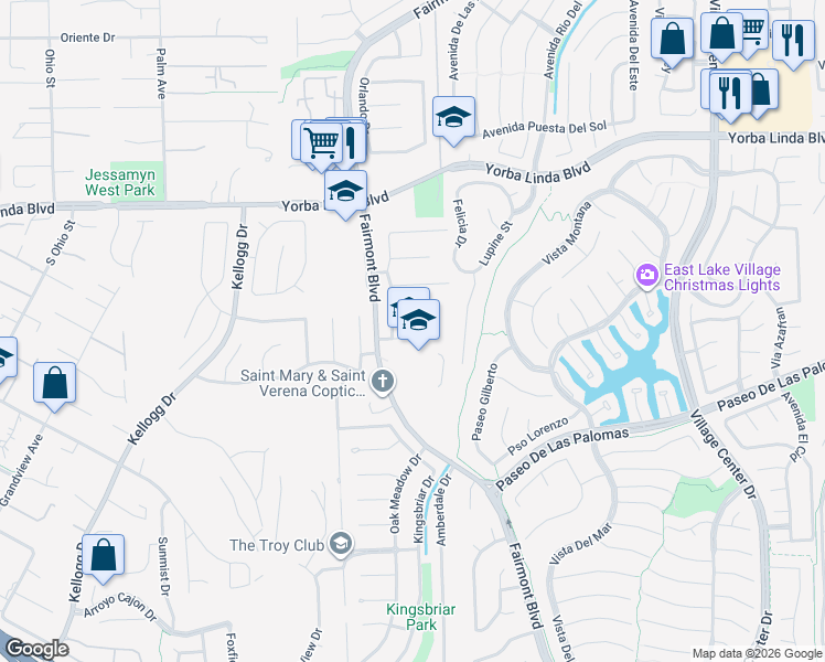 map of restaurants, bars, coffee shops, grocery stores, and more near 19795 Futura Drive in Yorba Linda