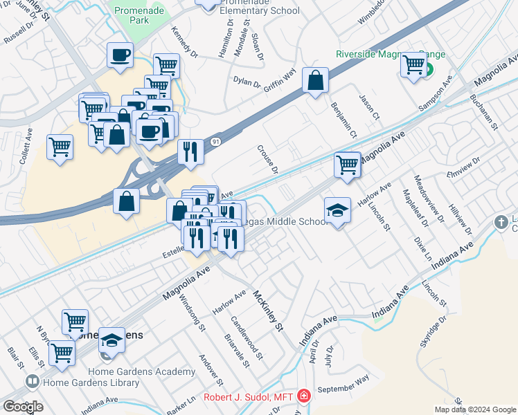 map of restaurants, bars, coffee shops, grocery stores, and more near 2382 Weatherwood Road in Corona