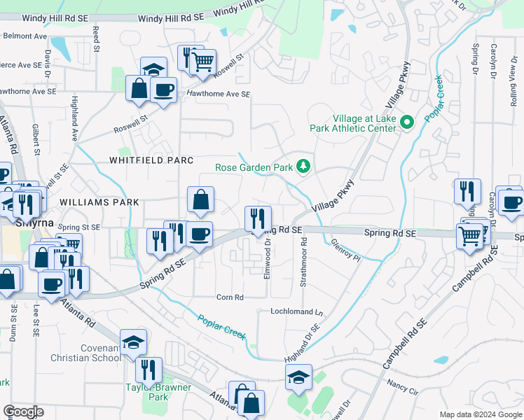 map of restaurants, bars, coffee shops, grocery stores, and more near 1739 Napa Valley Court Southeast in Smyrna