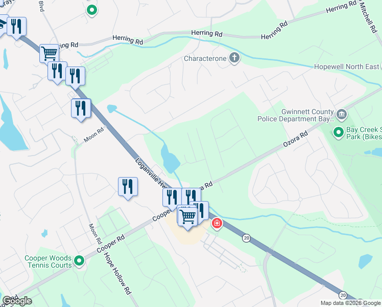 map of restaurants, bars, coffee shops, grocery stores, and more near 2581 Livingston Court in Loganville