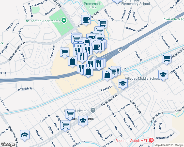 map of restaurants, bars, coffee shops, grocery stores, and more near N McKinley St in Corona