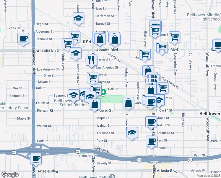 map of restaurants, bars, coffee shops, grocery stores, and more near 9519 Oak Street in Bellflower