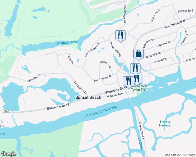 map of restaurants, bars, coffee shops, grocery stores, and more near 396 Sea Trail Drive West in Sunset Beach