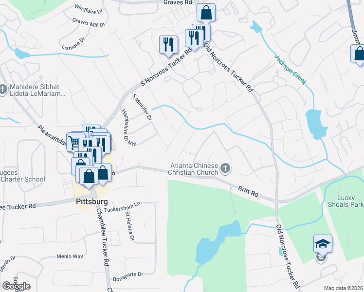 map of restaurants, bars, coffee shops, grocery stores, and more near 6687 Gunstock Lane in Tucker