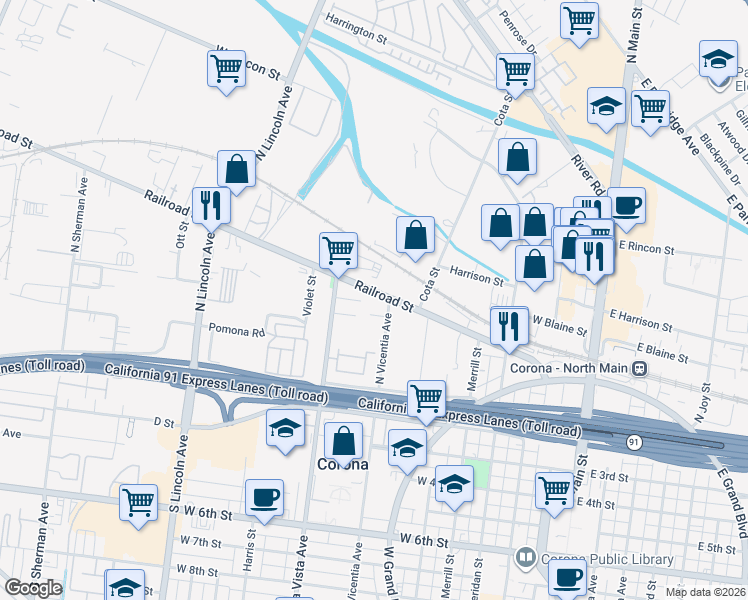 map of restaurants, bars, coffee shops, grocery stores, and more near 814 Railroad Street in Corona