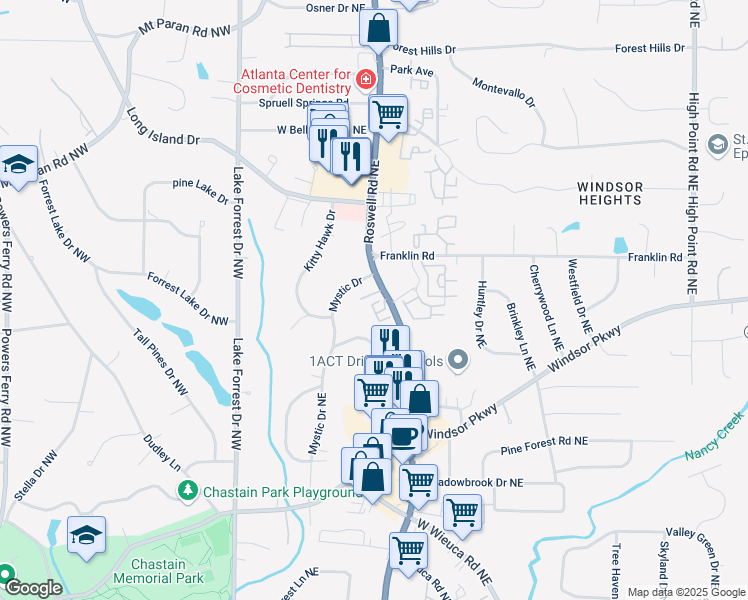 map of restaurants, bars, coffee shops, grocery stores, and more near 225 Mystic Ridge Hill in Sandy Springs