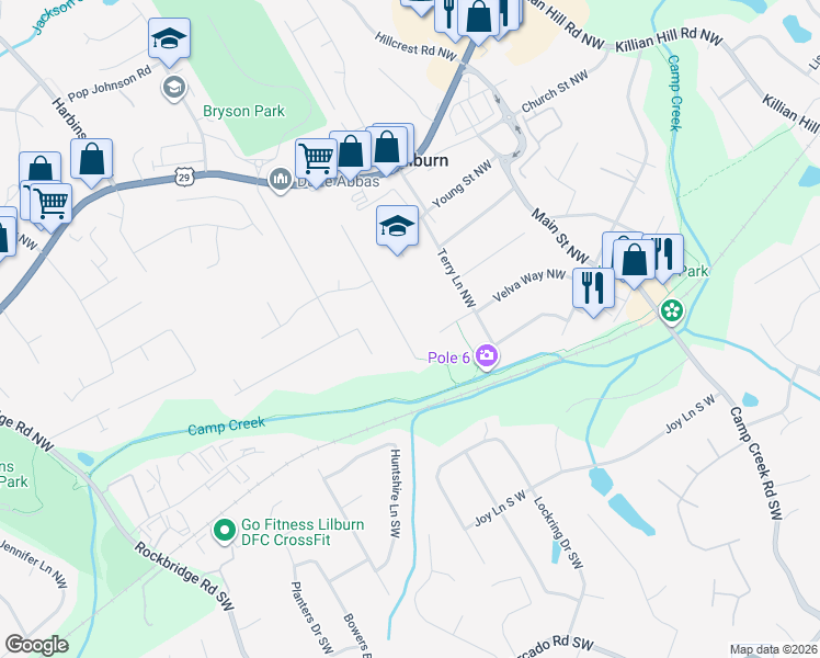 map of restaurants, bars, coffee shops, grocery stores, and more near 95 Jon Jeff Dr NW in Lilburn