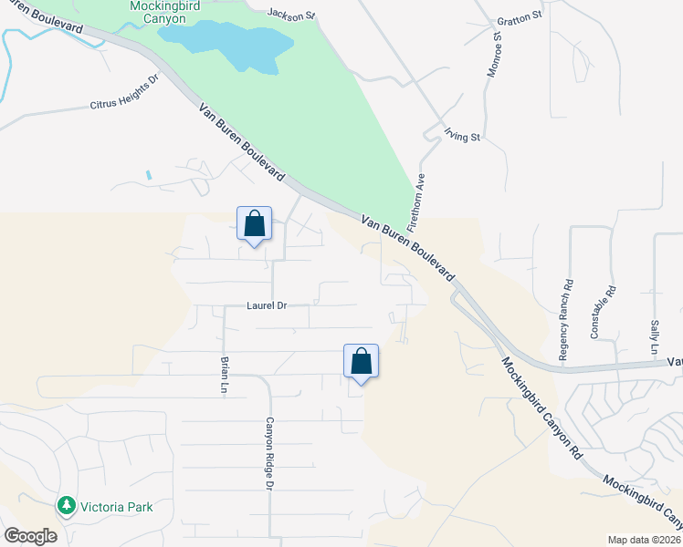 map of restaurants, bars, coffee shops, grocery stores, and more near 14448 Oakley Drive in Riverside