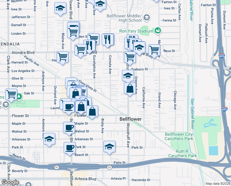 map of restaurants, bars, coffee shops, grocery stores, and more near 16414 Cornuta Avenue in Bellflower