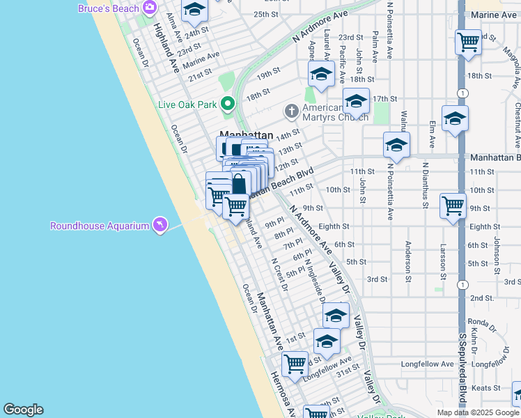map of restaurants, bars, coffee shops, grocery stores, and more near 334 11th Street in Manhattan Beach