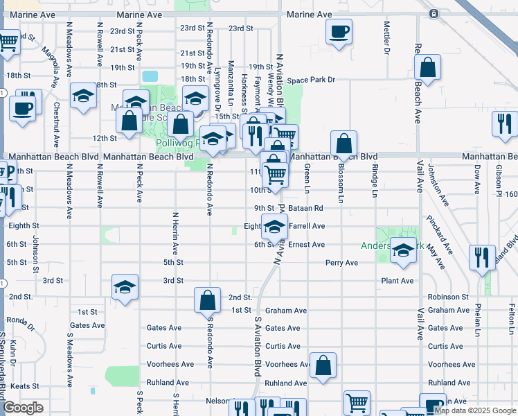 map of restaurants, bars, coffee shops, grocery stores, and more near 1820 9th Street in Manhattan Beach