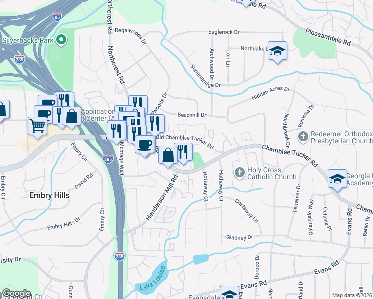 map of restaurants, bars, coffee shops, grocery stores, and more near 3543 Old Chamblee Tucker Road in Doraville