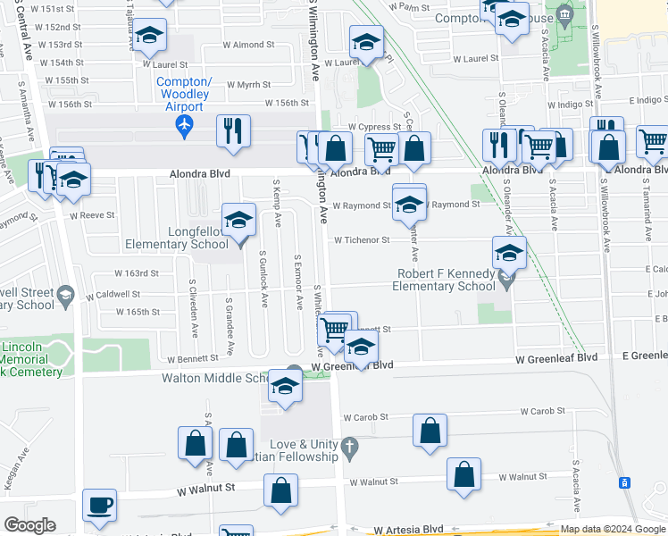 map of restaurants, bars, coffee shops, grocery stores, and more near 1230 South Wilmington Avenue in Compton