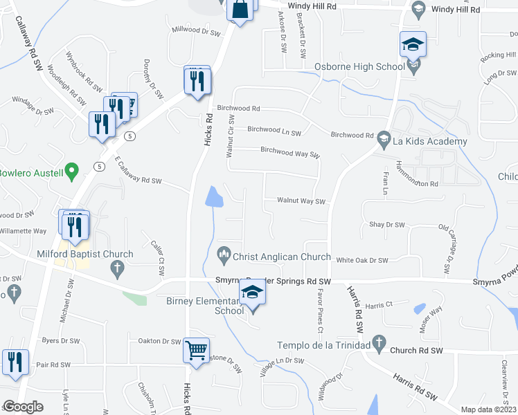 map of restaurants, bars, coffee shops, grocery stores, and more near 2850 Birchwood Court in Marietta