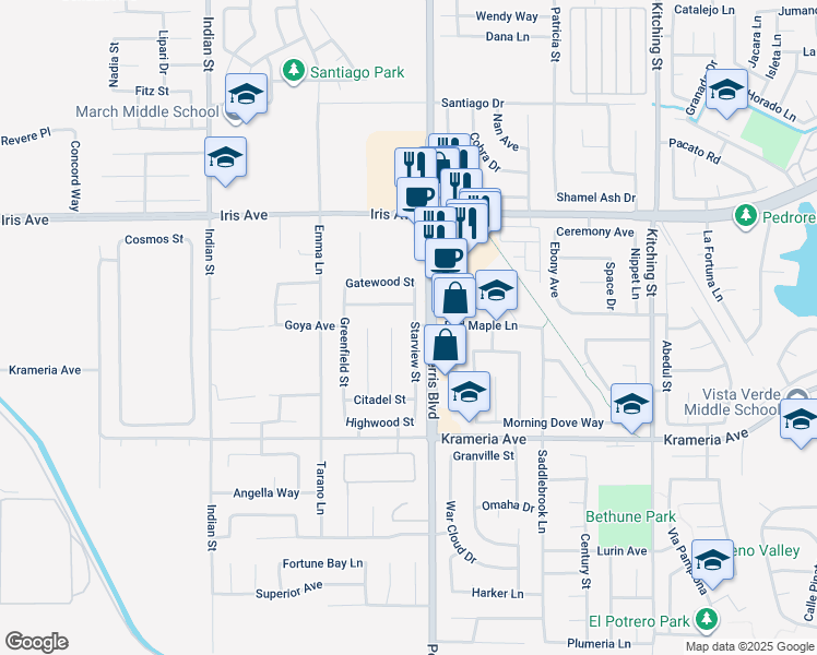 map of restaurants, bars, coffee shops, grocery stores, and more near 16235 Starview Street in Moreno Valley
