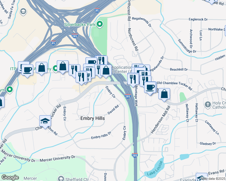 map of restaurants, bars, coffee shops, grocery stores, and more near 3693 Embry Circle in Chamblee