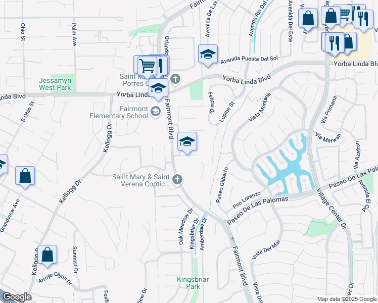 map of restaurants, bars, coffee shops, grocery stores, and more near 19795 Futura Drive in Yorba Linda