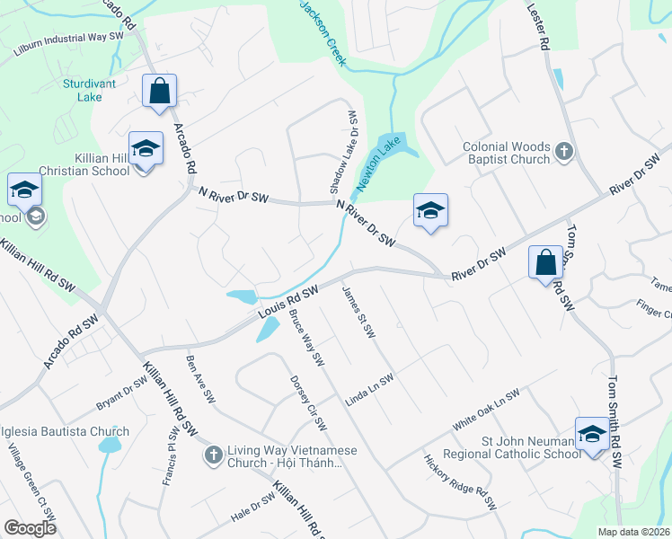 map of restaurants, bars, coffee shops, grocery stores, and more near 4097 Louis Road Southwest in Lilburn