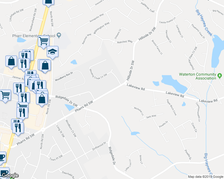 map of restaurants, bars, coffee shops, grocery stores, and more near 1551 Pharrs Road in Snellville