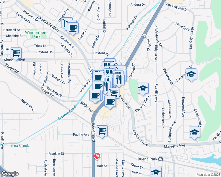 map of restaurants, bars, coffee shops, grocery stores, and more near 2 South La Mirada Boulevard in Buena Park