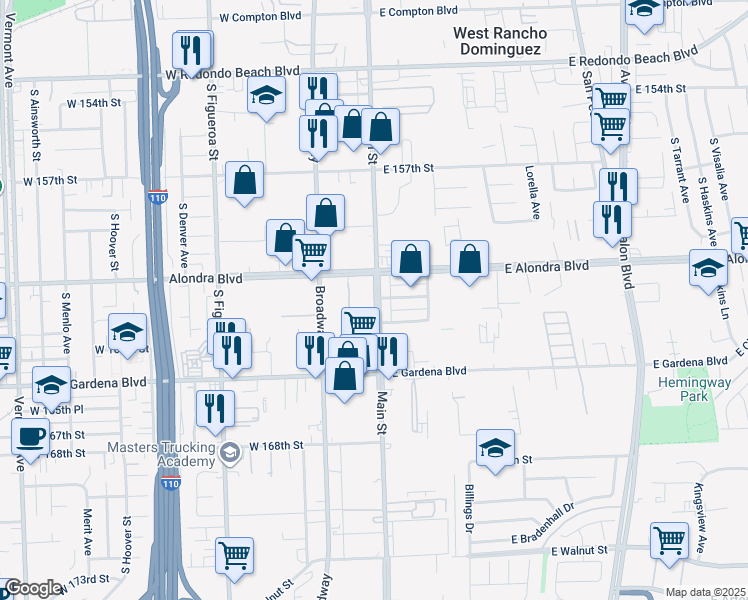 map of restaurants, bars, coffee shops, grocery stores, and more near 112 West Alondra Boulevard in Gardena