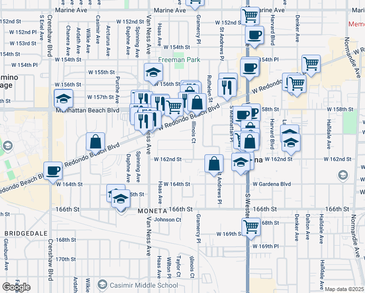 map of restaurants, bars, coffee shops, grocery stores, and more near 2047 West 161st Street in Torrance