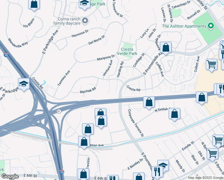 map of restaurants, bars, coffee shops, grocery stores, and more near 428 Wynola Court in Corona