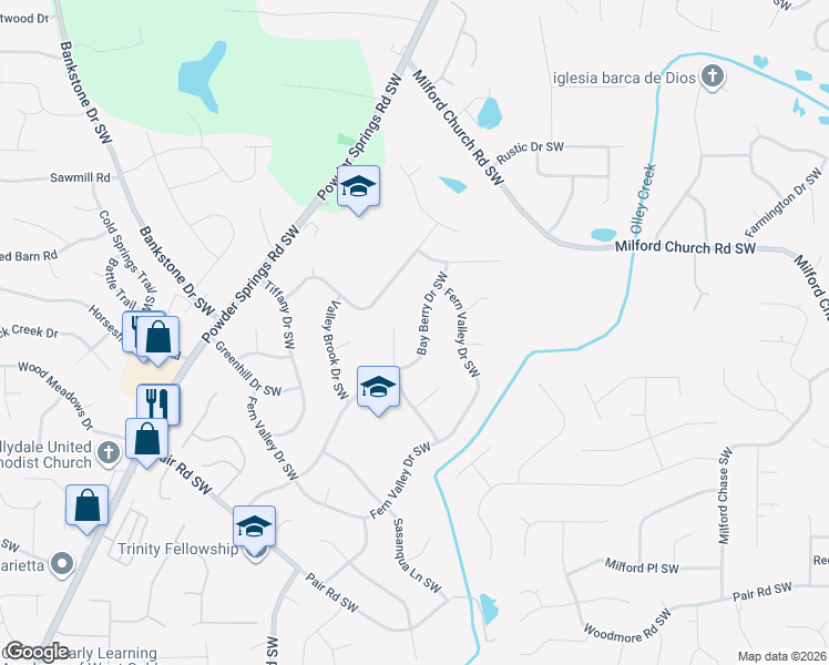 map of restaurants, bars, coffee shops, grocery stores, and more near 2820 Bay Berry Drive Southwest in Marietta