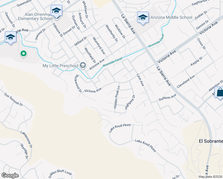 map of restaurants, bars, coffee shops, grocery stores, and more near 17104 First Light Ln in Riverside