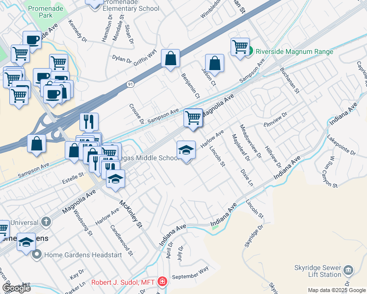 map of restaurants, bars, coffee shops, grocery stores, and more near 3761 Harvill Lane in Riverside