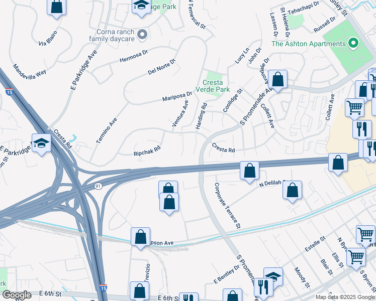 map of restaurants, bars, coffee shops, grocery stores, and more near 428 Wynola Court in Corona