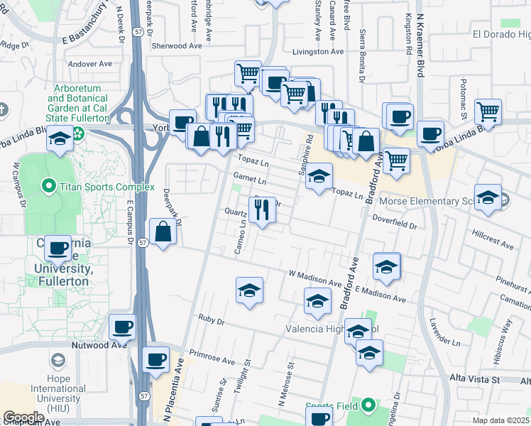 map of restaurants, bars, coffee shops, grocery stores, and more near 3136 Pearl Drive in Fullerton