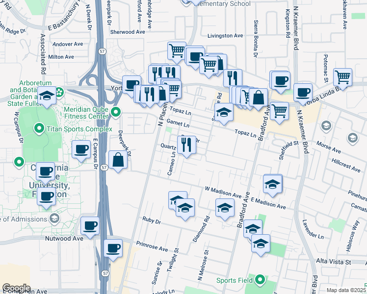 map of restaurants, bars, coffee shops, grocery stores, and more near 3136 Pearl Drive in Fullerton