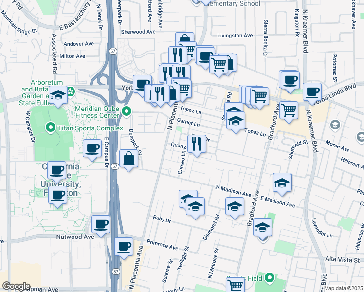 map of restaurants, bars, coffee shops, grocery stores, and more near 3101 Quartz Lane in Fullerton