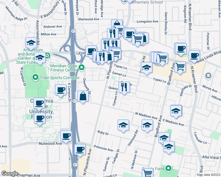 map of restaurants, bars, coffee shops, grocery stores, and more near 3101 Quartz Lane in Fullerton