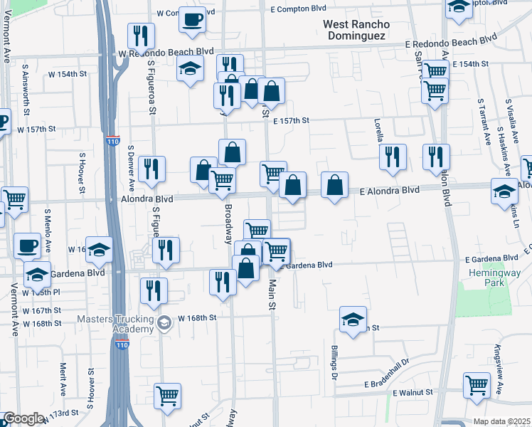 map of restaurants, bars, coffee shops, grocery stores, and more near 100 West Alondra Boulevard in Gardena