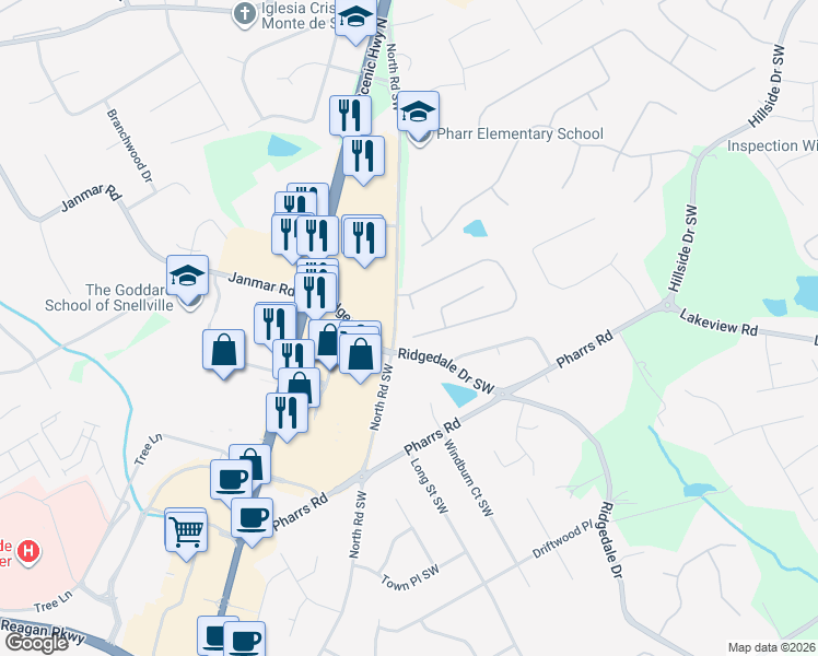 map of restaurants, bars, coffee shops, grocery stores, and more near 1560 Woodberry Run Drive in Snellville