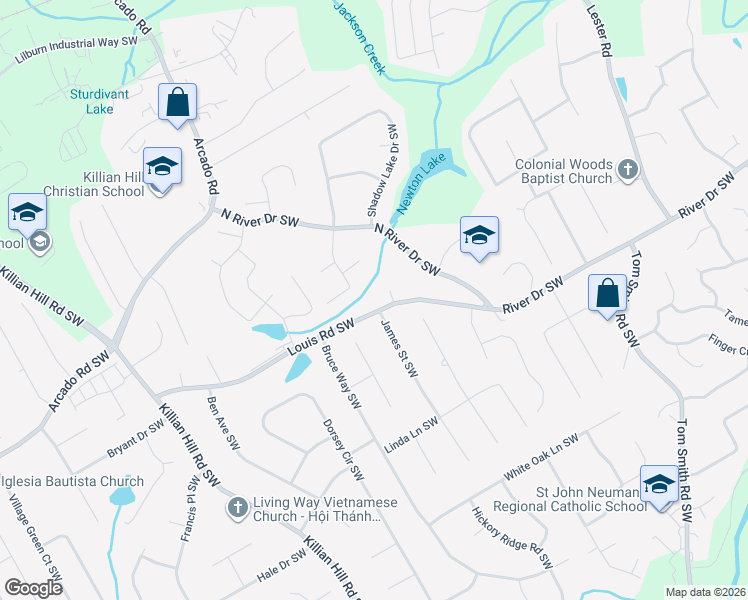 map of restaurants, bars, coffee shops, grocery stores, and more near 4097 Louis Road Southwest in Lilburn