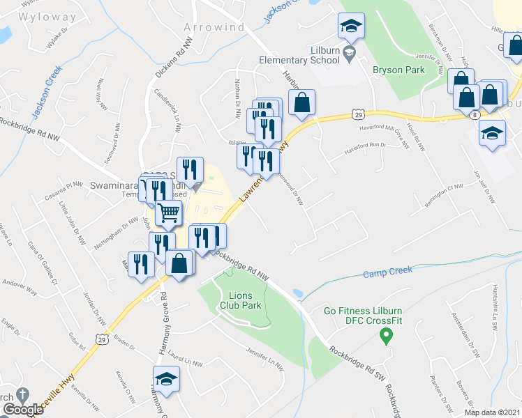 map of restaurants, bars, coffee shops, grocery stores, and more near 367 Bradley Woods Court Northwest in Lilburn
