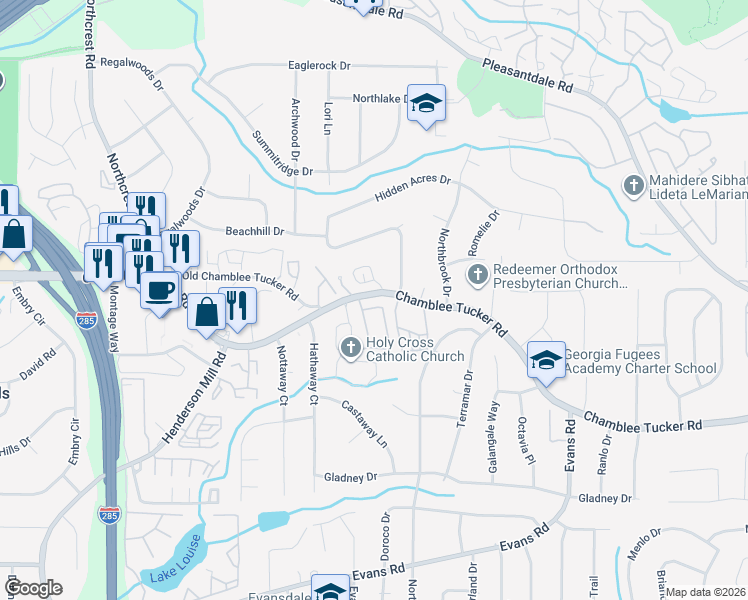 map of restaurants, bars, coffee shops, grocery stores, and more near 3110 Henderson Walk in Atlanta