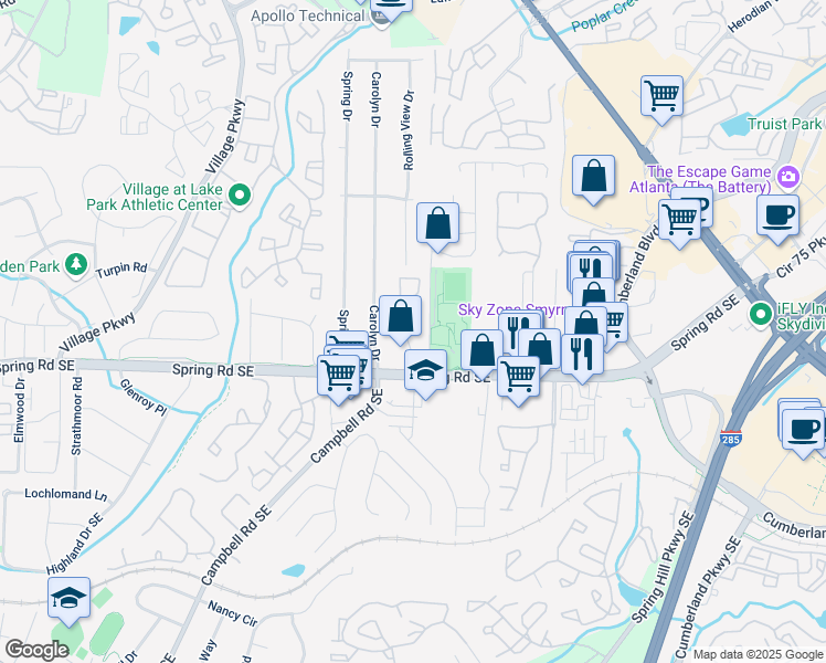 map of restaurants, bars, coffee shops, grocery stores, and more near 2391 Farmstead Circle in Smyrna