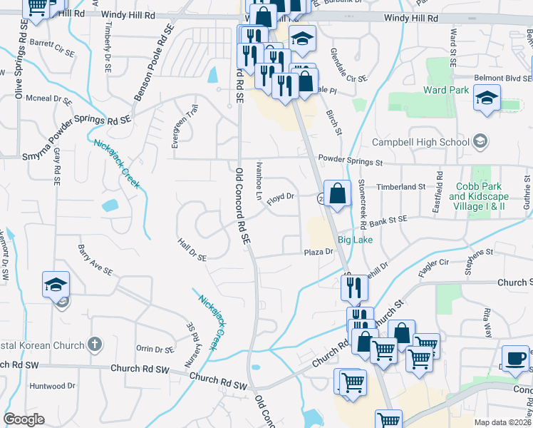 map of restaurants, bars, coffee shops, grocery stores, and more near 2819 Ivanhoe Lane in Smyrna