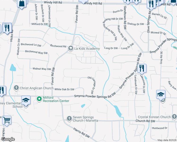 map of restaurants, bars, coffee shops, grocery stores, and more near 616 Shay Drive Southwest in Marietta