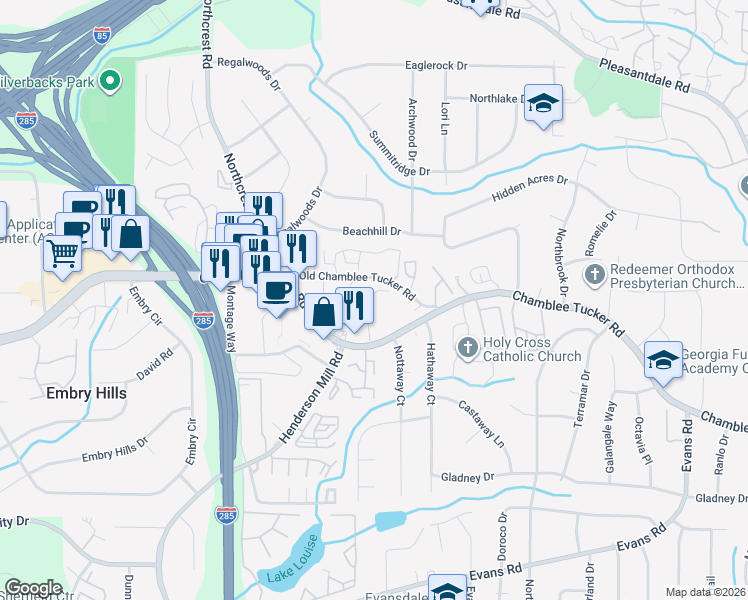 map of restaurants, bars, coffee shops, grocery stores, and more near 3557 Old Chamblee Tucker Road in Doraville