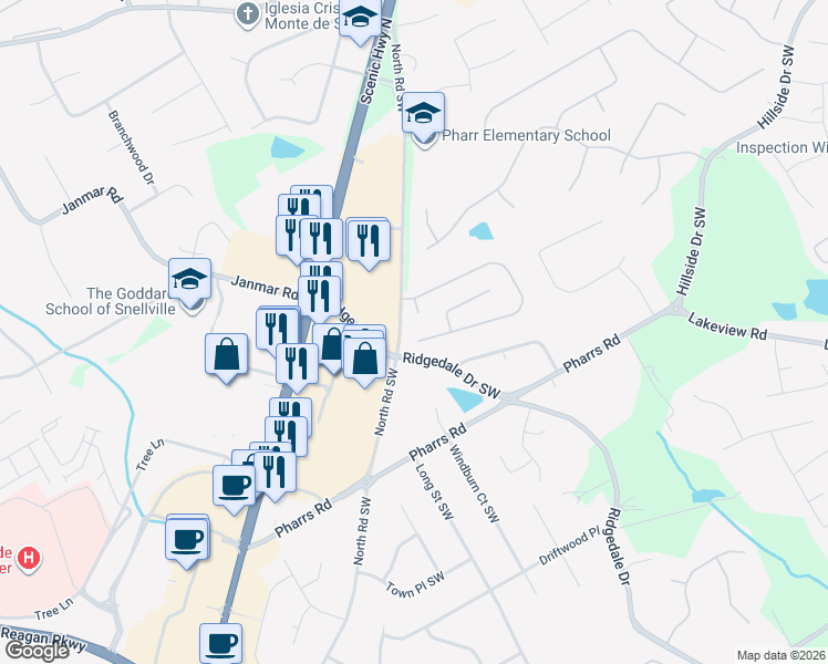 map of restaurants, bars, coffee shops, grocery stores, and more near 1560 Woodberry Run Dr in Snellville