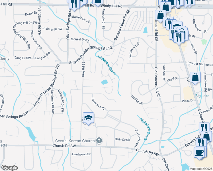 map of restaurants, bars, coffee shops, grocery stores, and more near 6010 Bordeau Walk in Smyrna